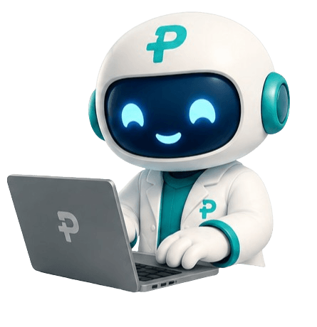 Mascote do Prontius usando notebook